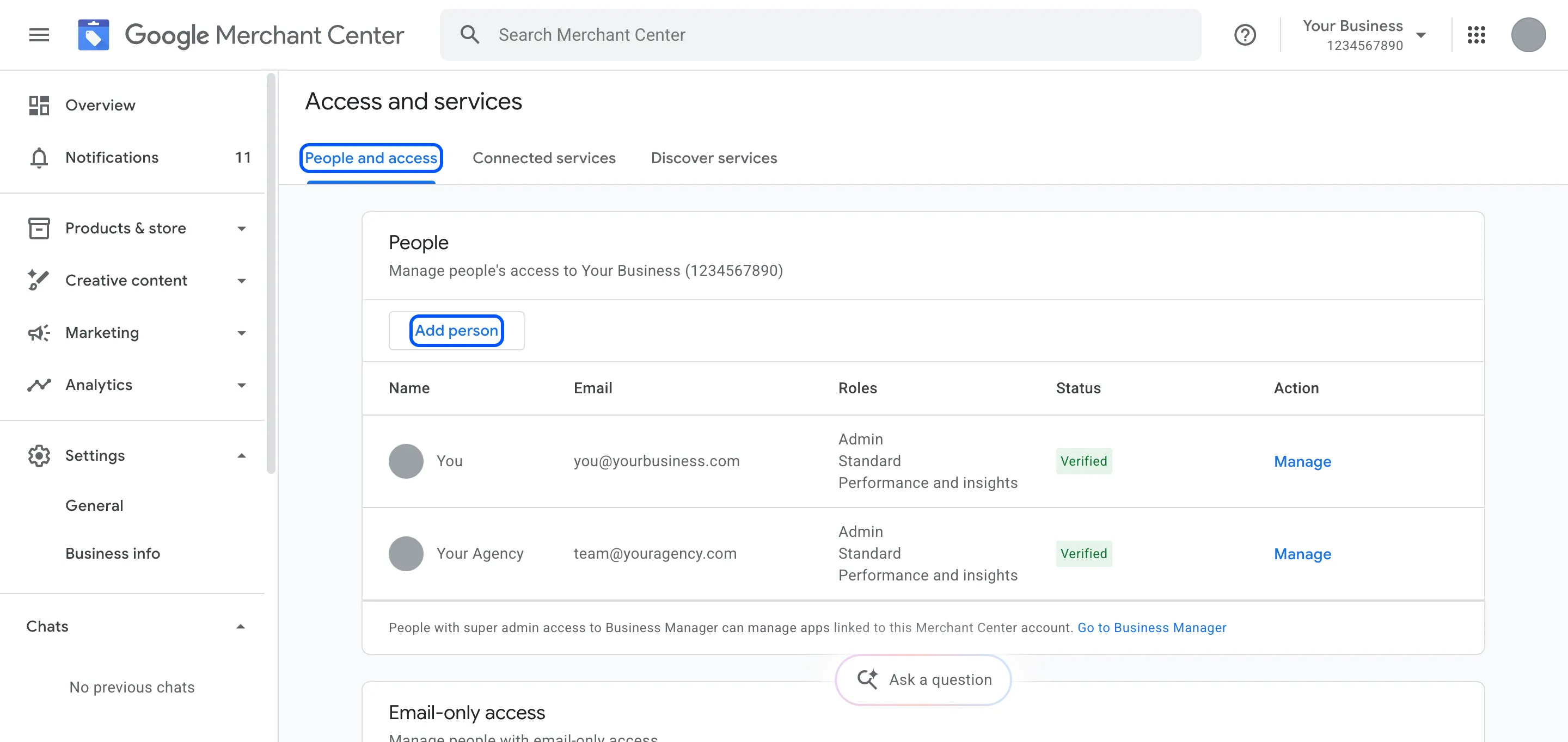 Merchant Center Access and services with the People and access tab and Add person highlighted