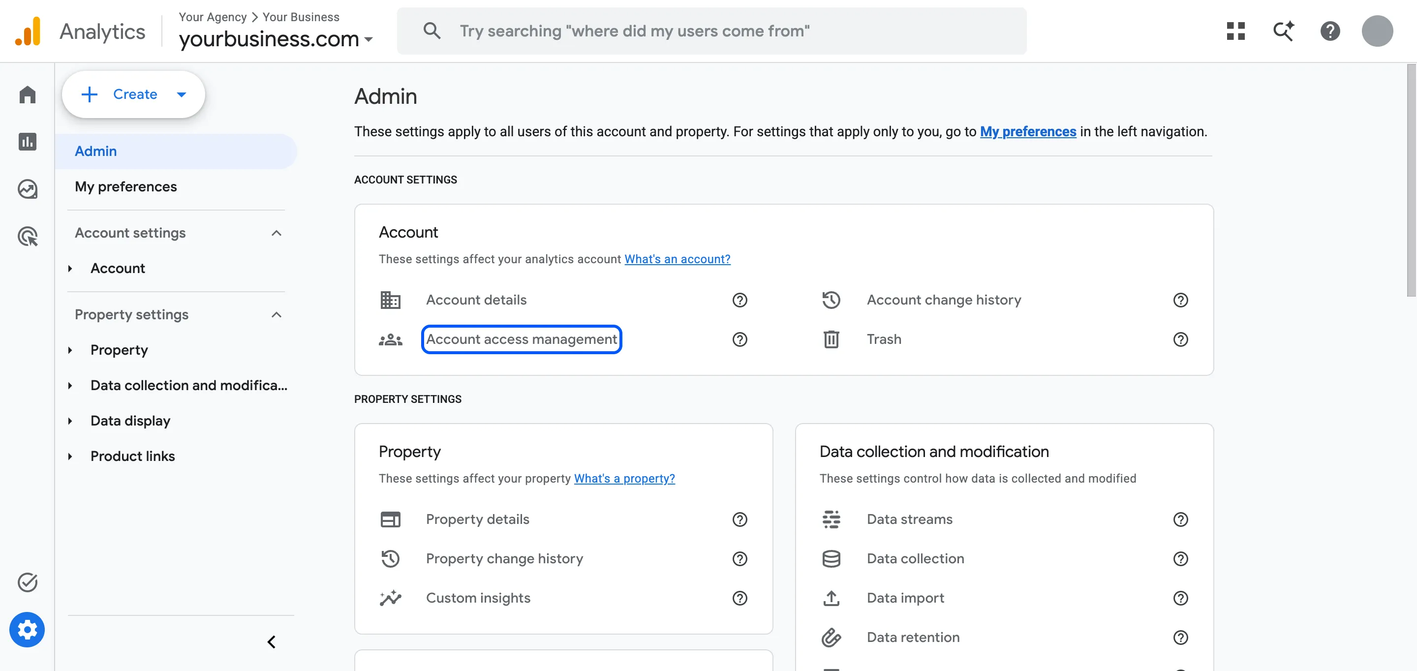 GA4 Admin page with Account access management highlighted