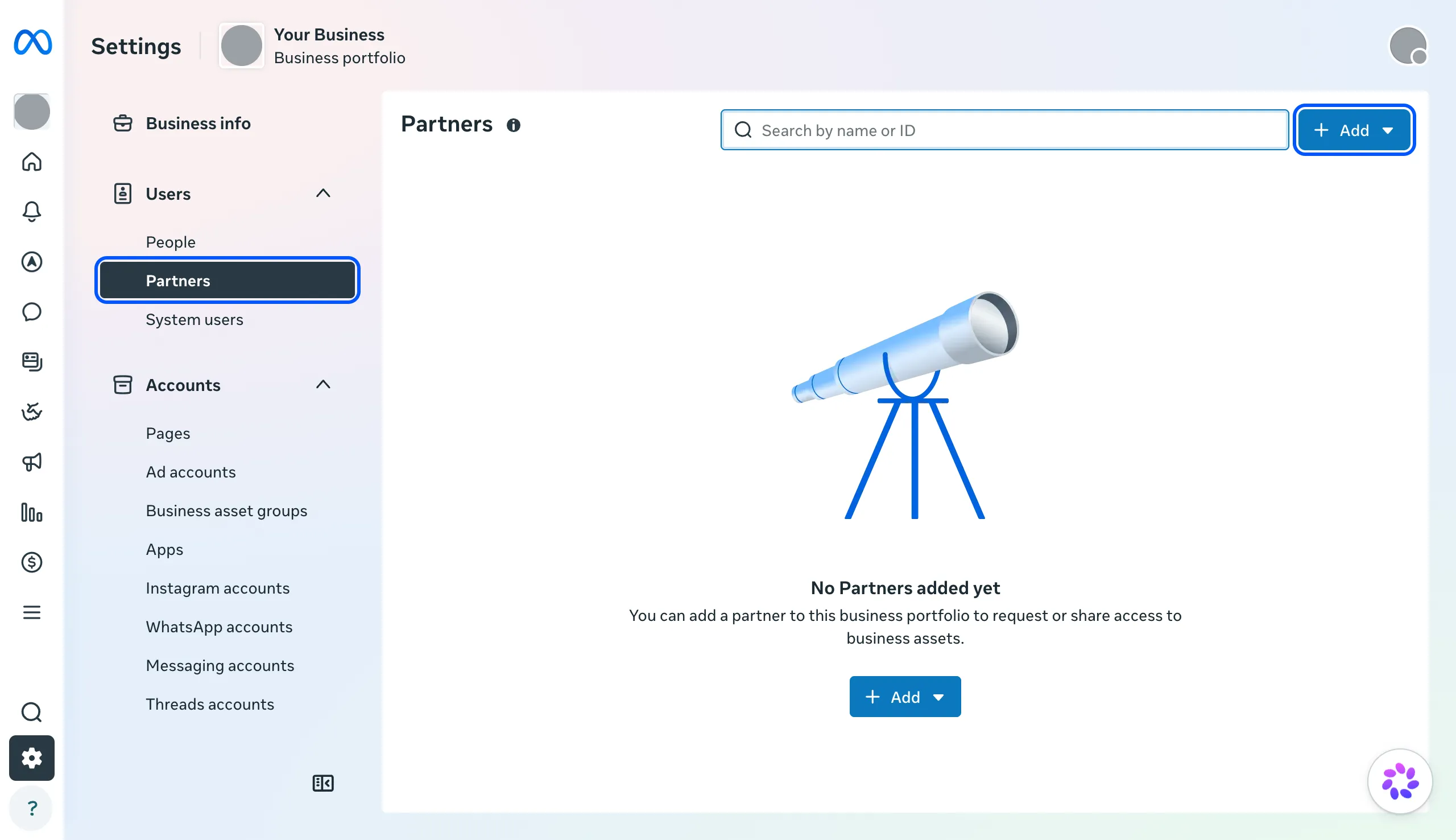 Meta Business Suite Settings › Partners with the Add button highlighted