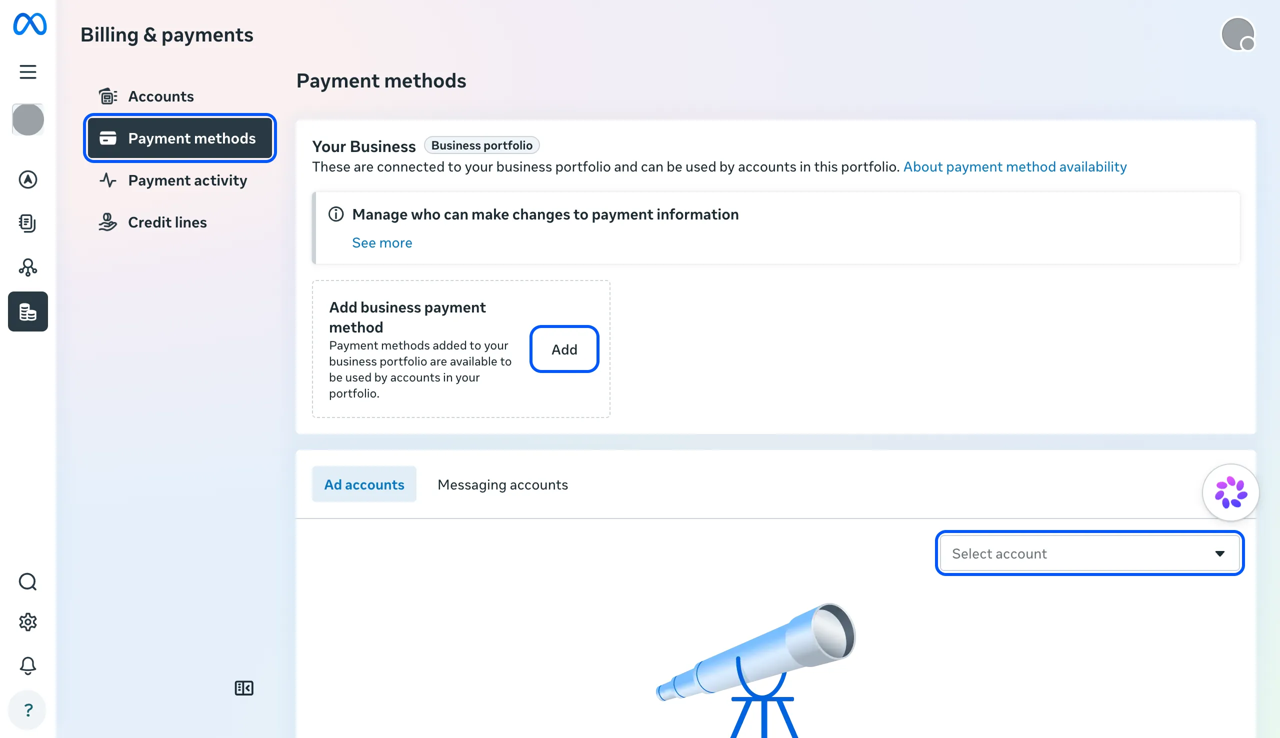 Meta Billing & payments › Payment methods with Add and Select account highlighted