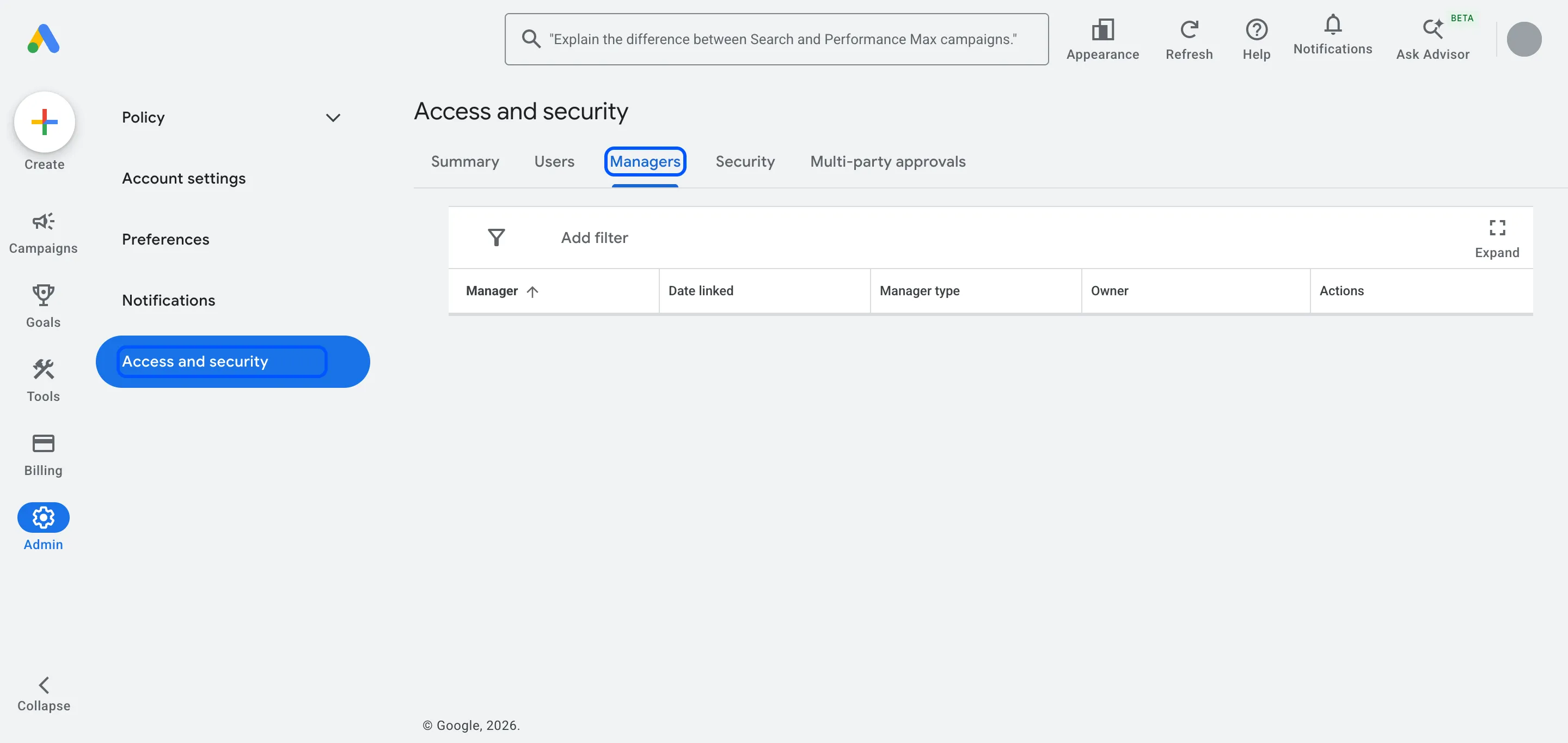 Google Ads Admin › Access and security with the Managers tab highlighted