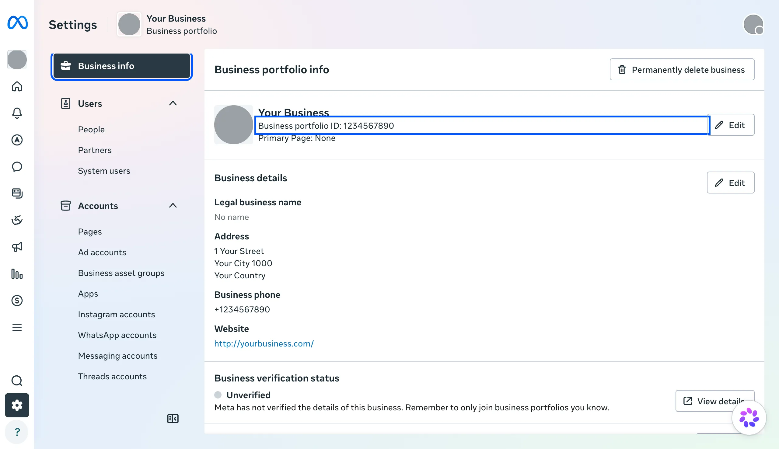 Meta Business Suite Settings › Business info with the business portfolio ID highlighted