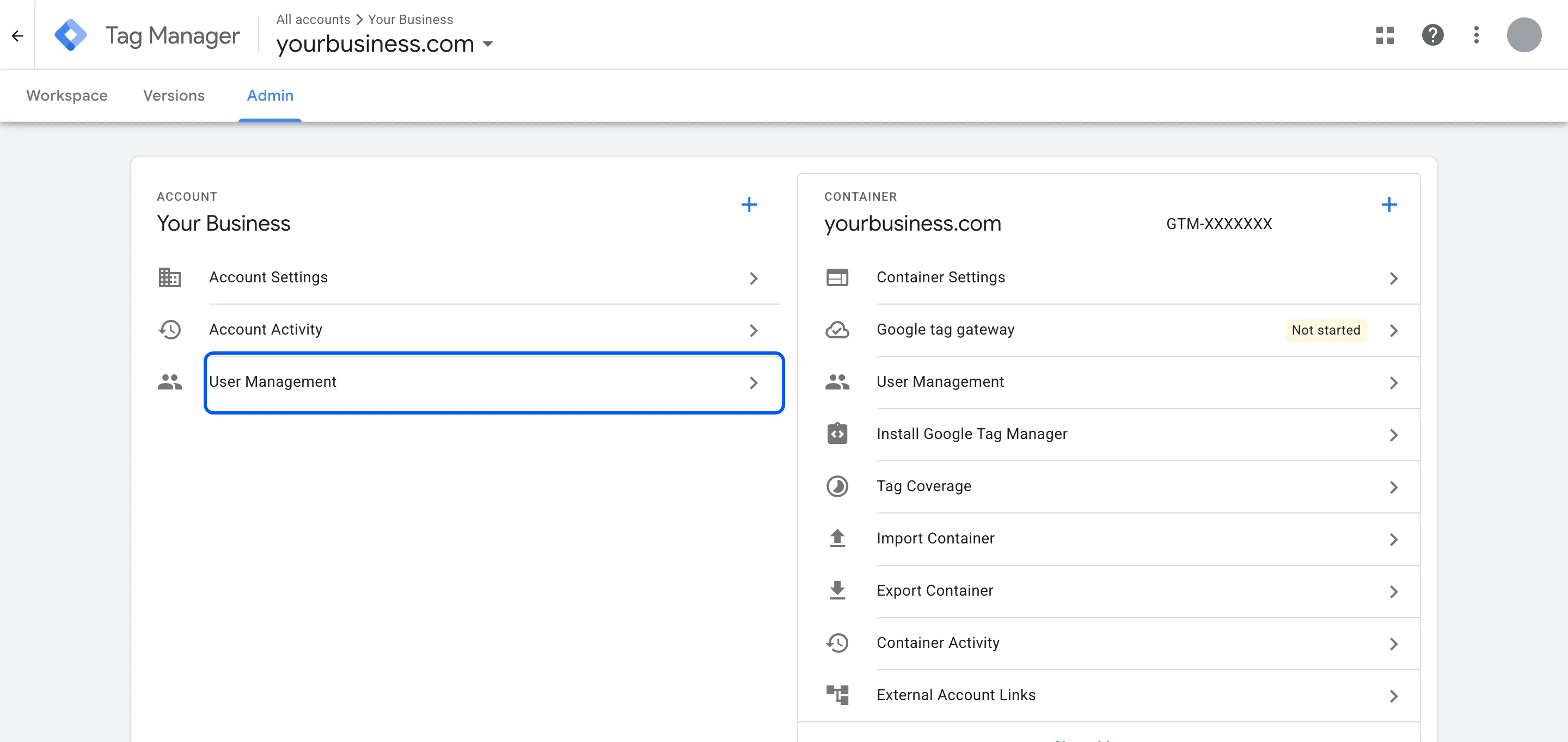 Tag Manager Admin tab with User Management in the Account column highlighted