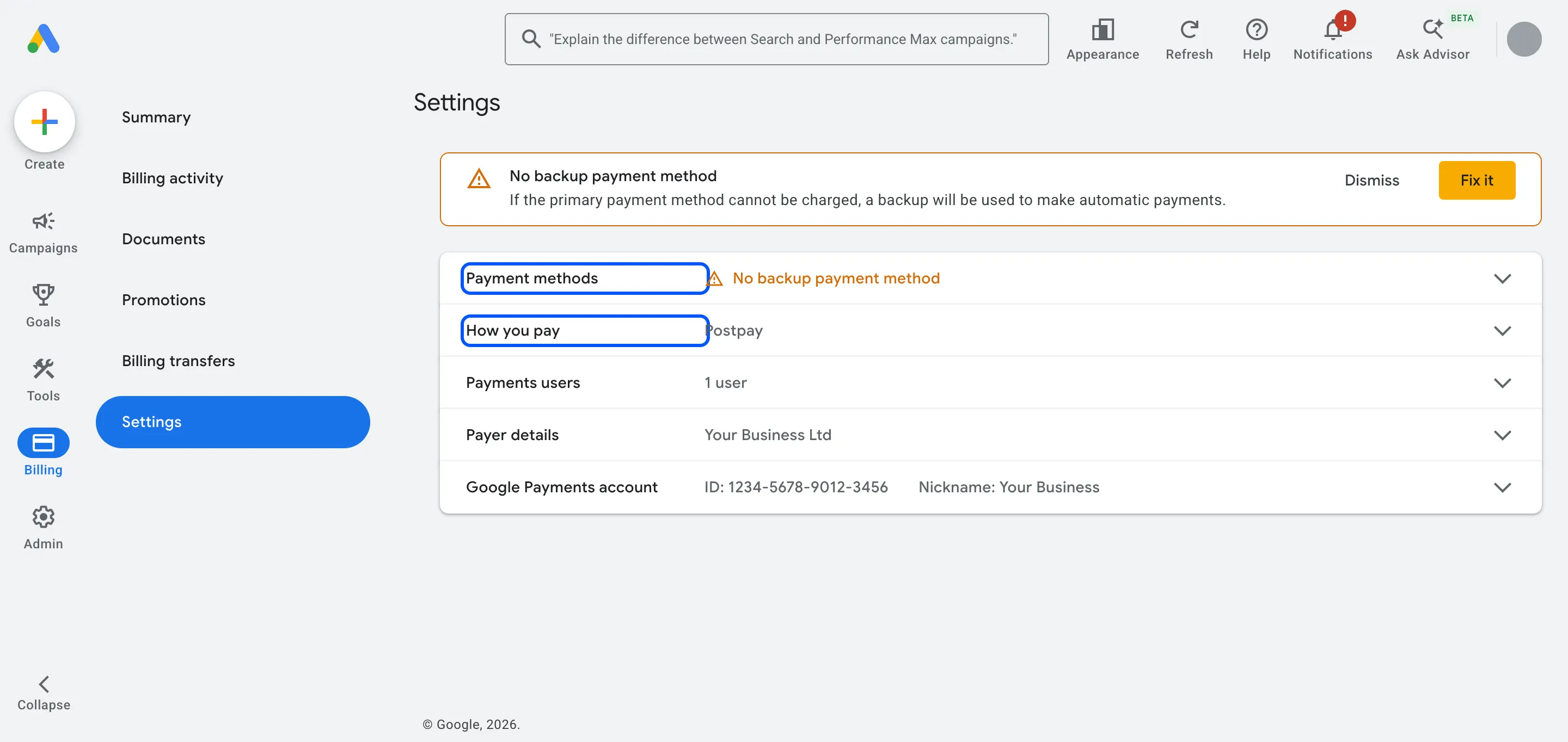 Google Ads Billing › Settings with Payment methods and How you pay highlighted