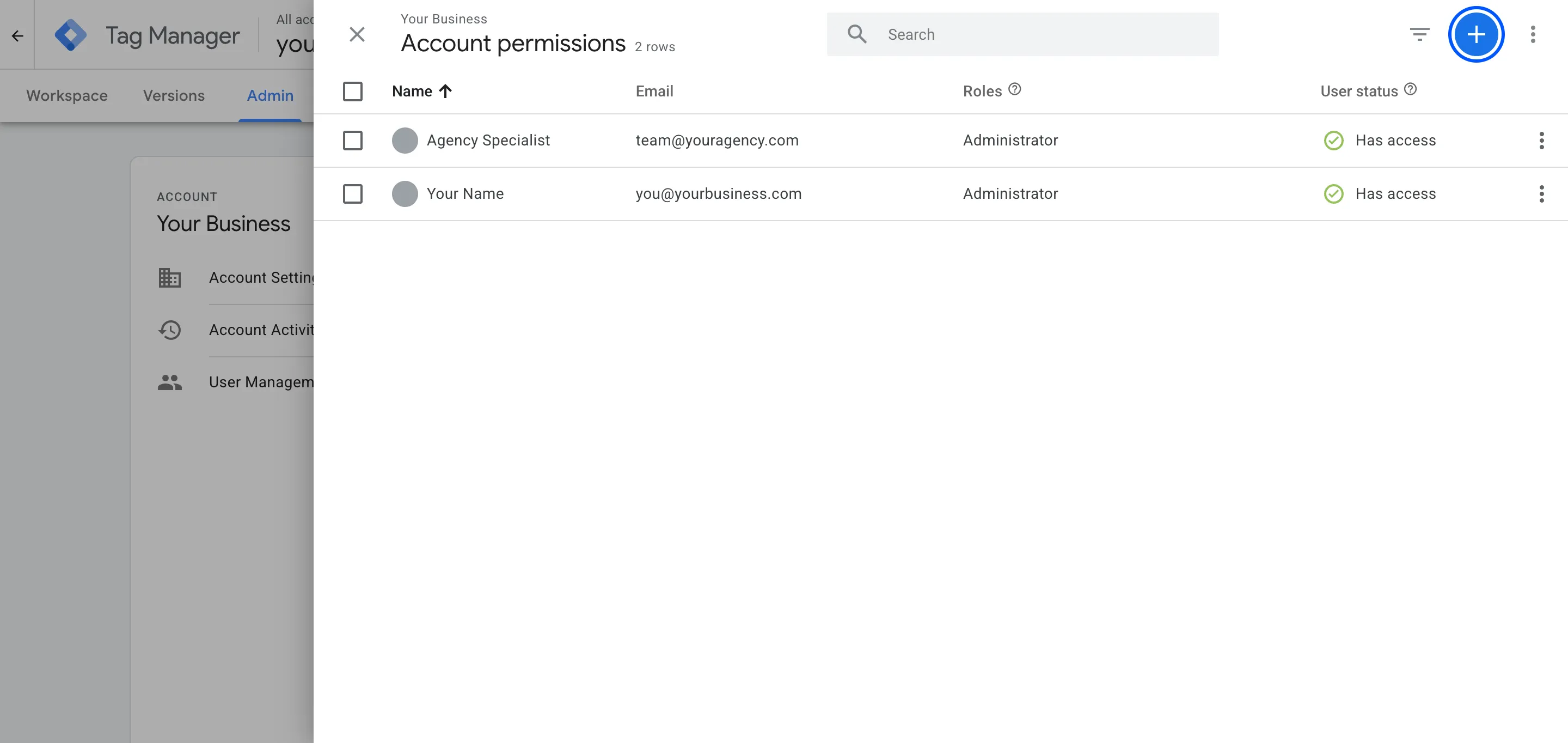 Tag Manager Account permissions panel with the + button highlighted