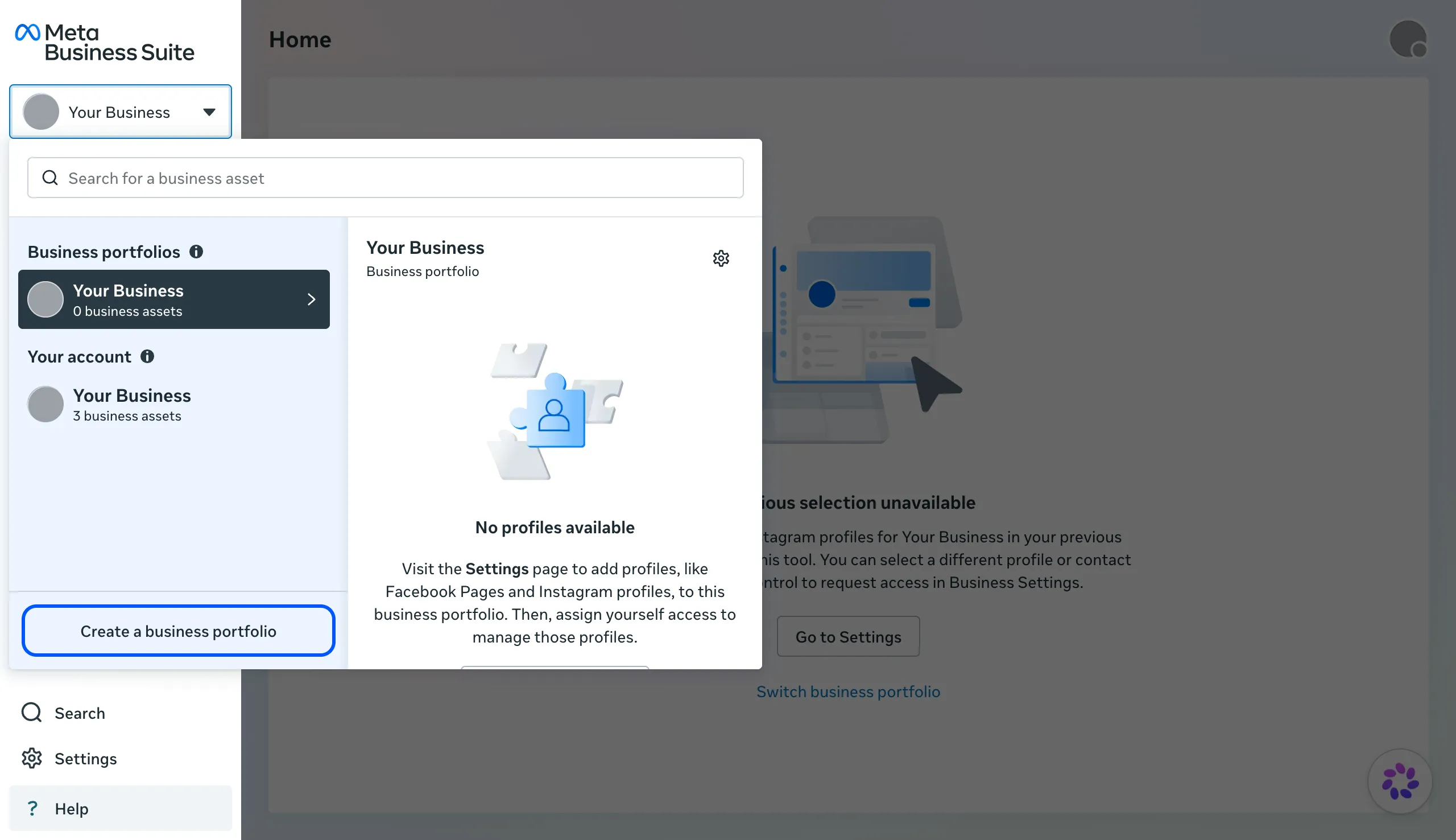 The business portfolio switcher with Create a business portfolio highlighted