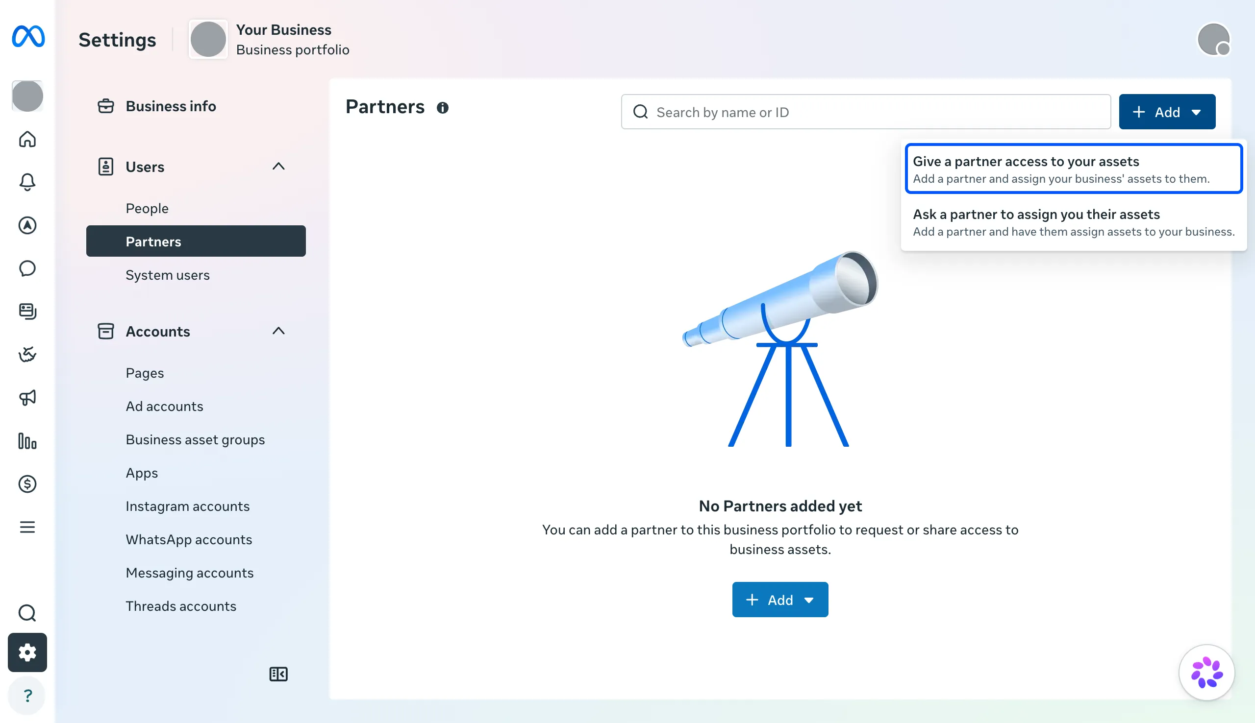 The Add menu with Give a partner access to your assets highlighted