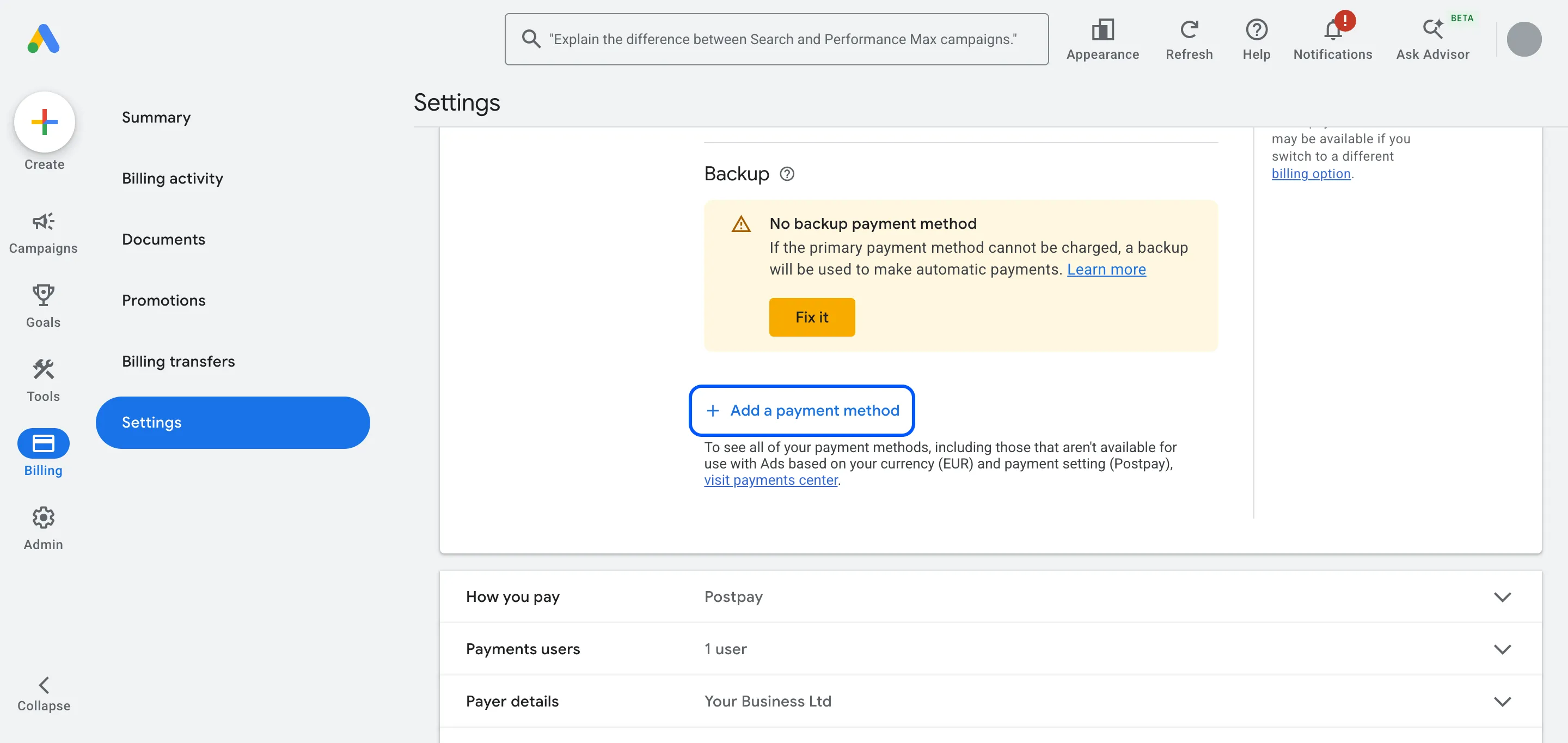 The expanded Payment methods section with Add a payment method highlighted