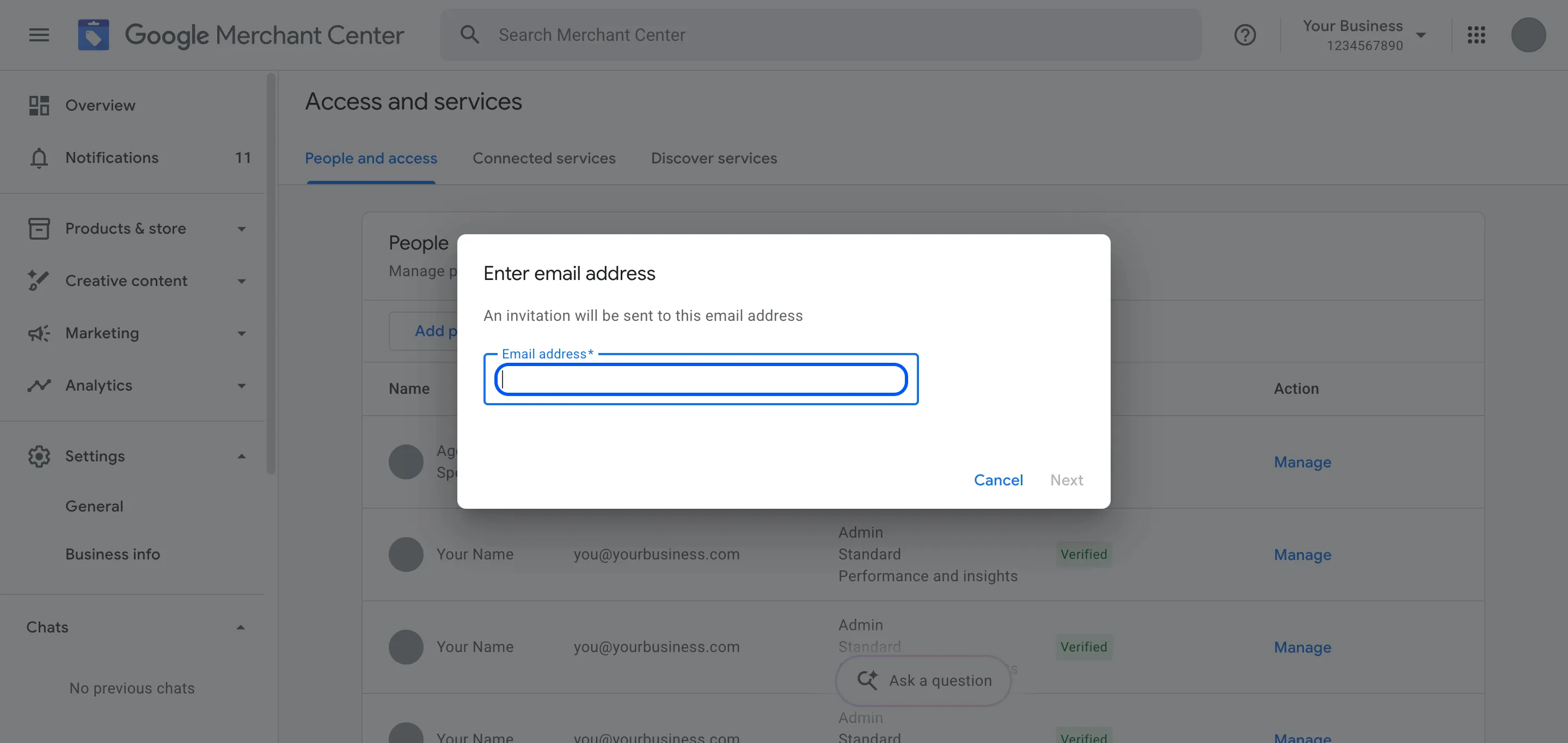 Merchant Center Enter email address dialog