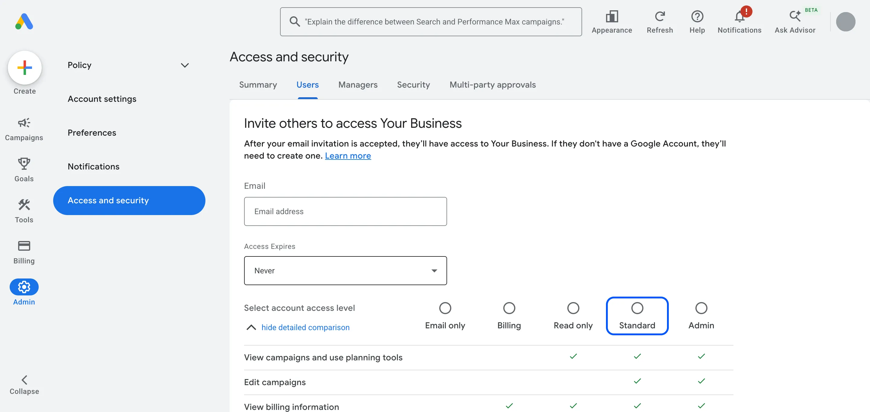 Google Ads invite form with the Standard access level highlighted