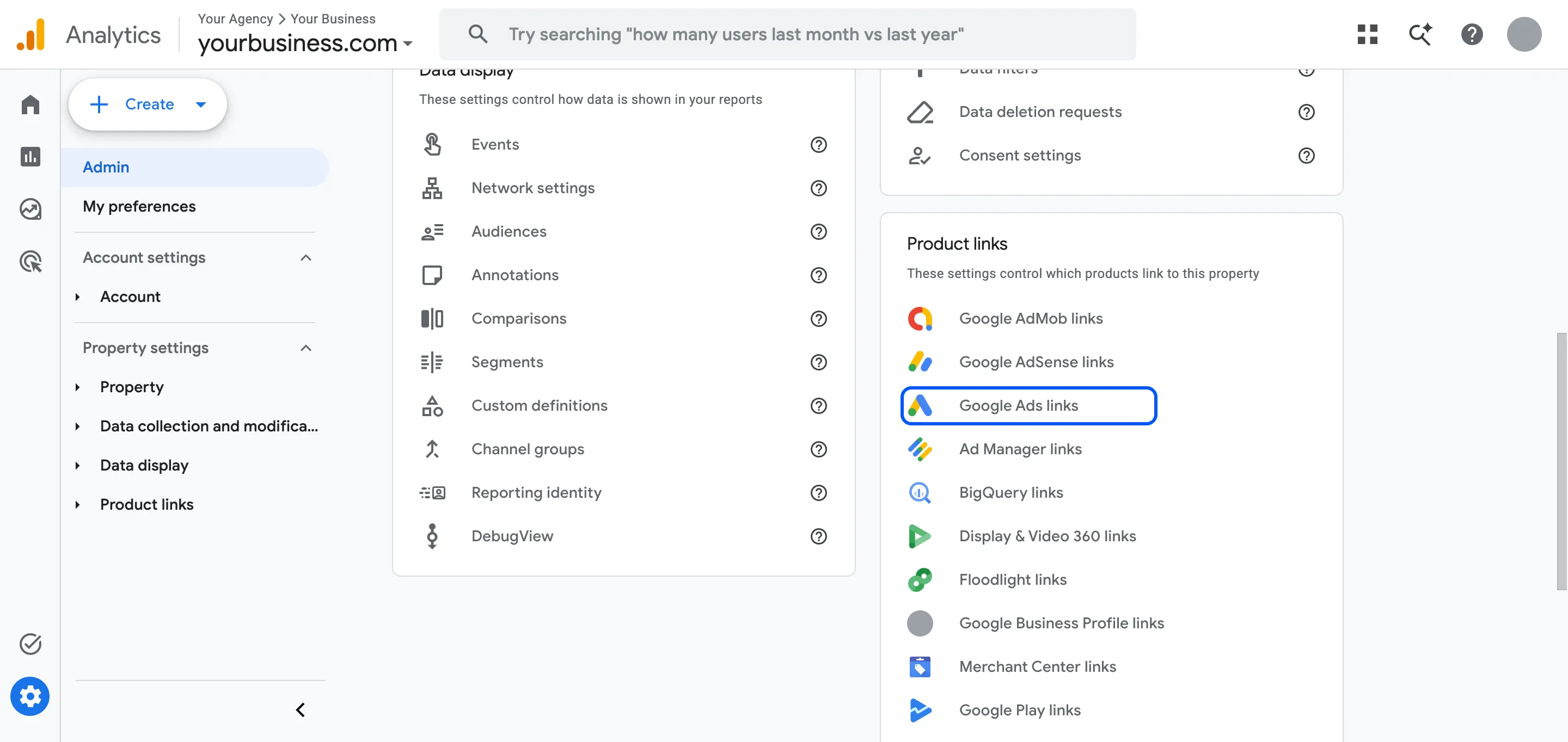 GA4 Admin page with Google Ads links under Product links highlighted