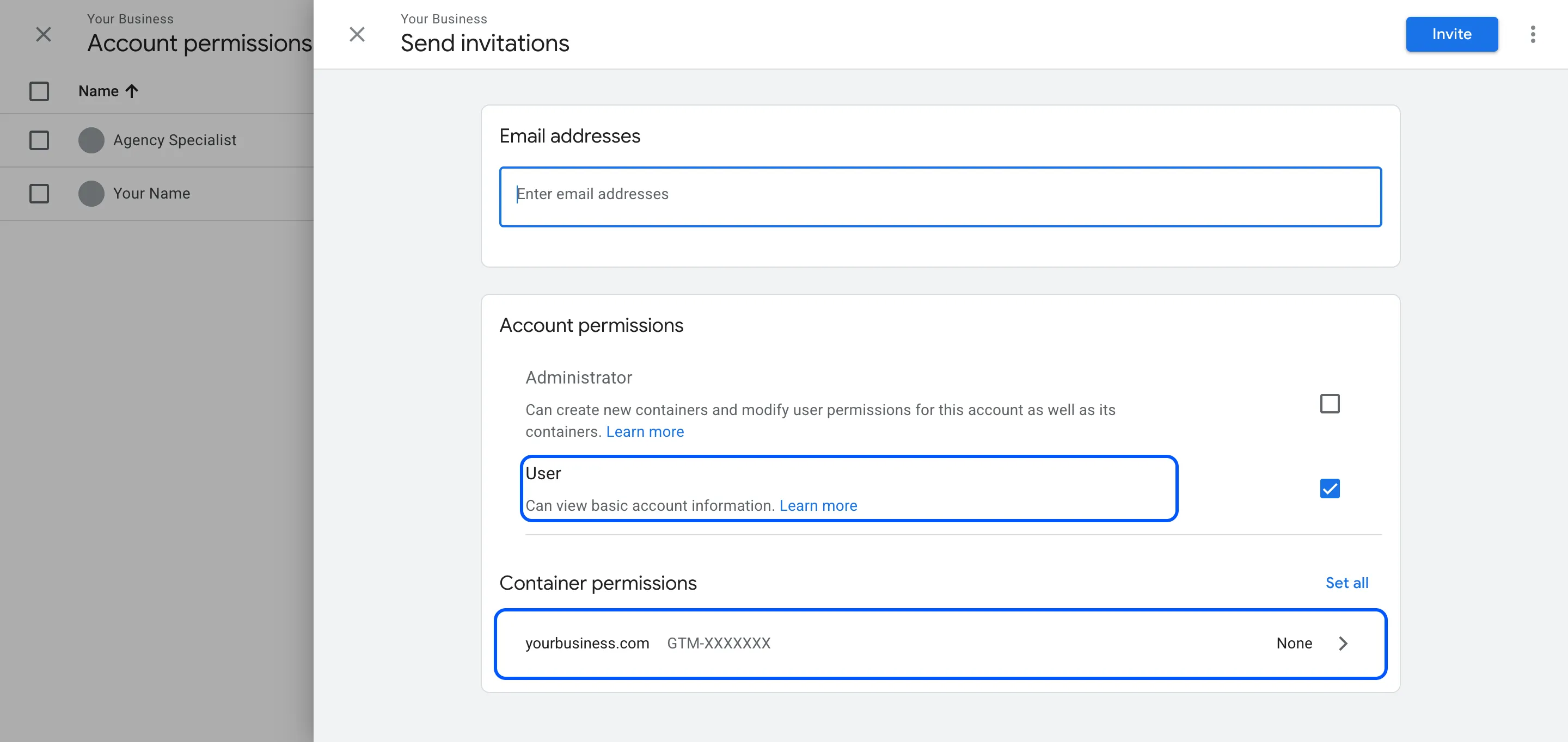Send invitations form with User and the website container highlighted