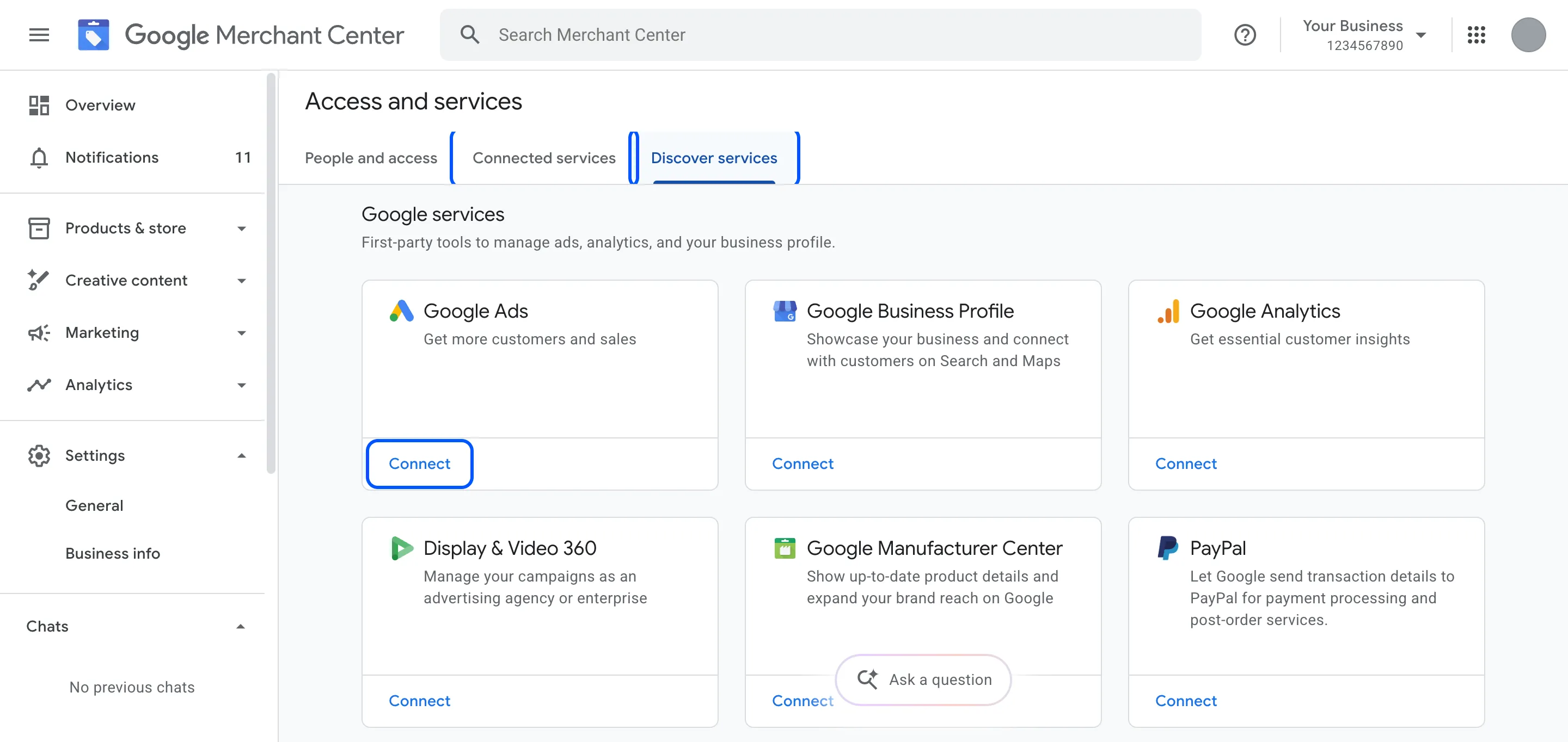 Discover services tab with Connect under Google Ads highlighted