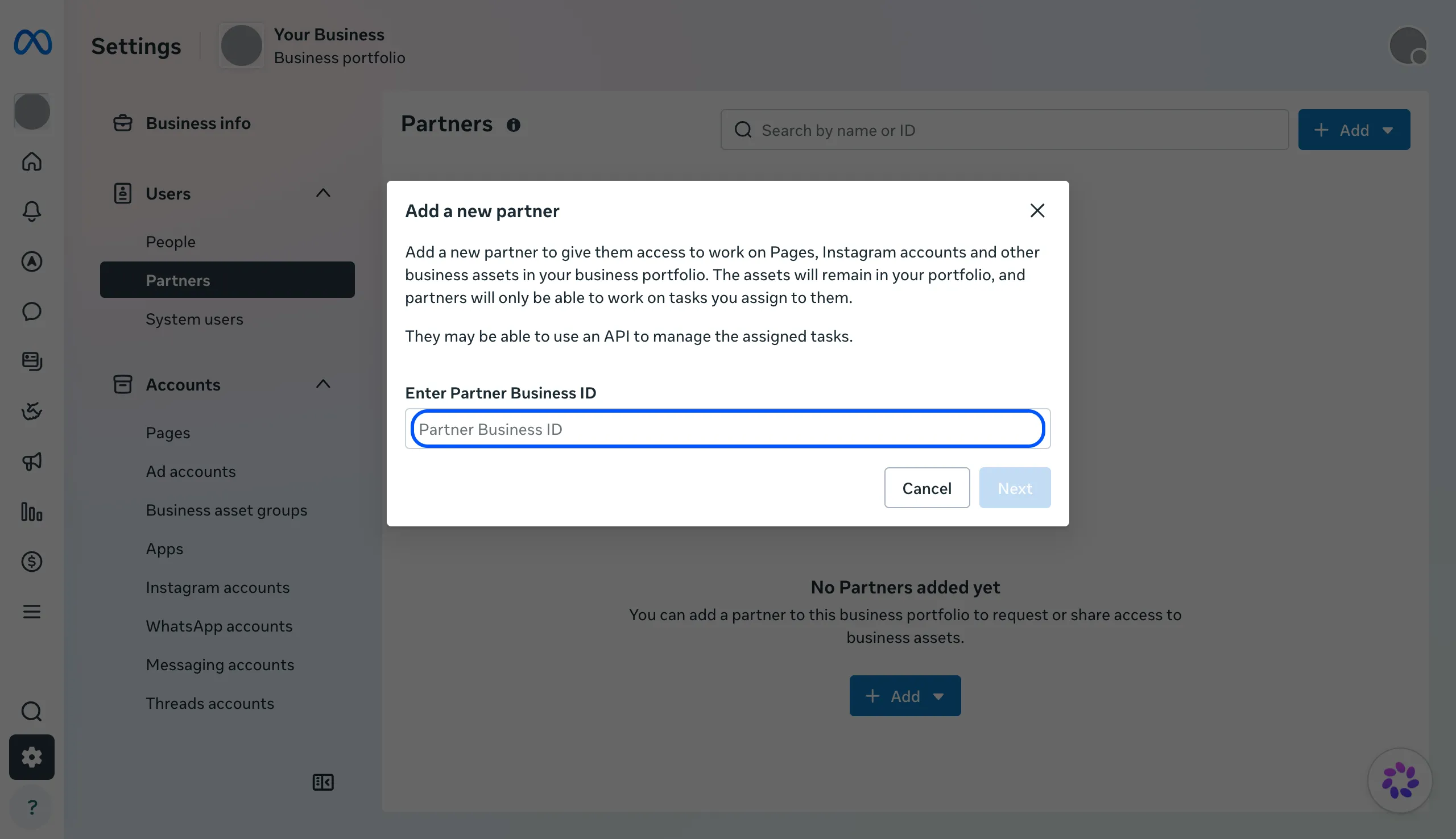 Add a new partner dialog with the Partner Business ID field highlighted
