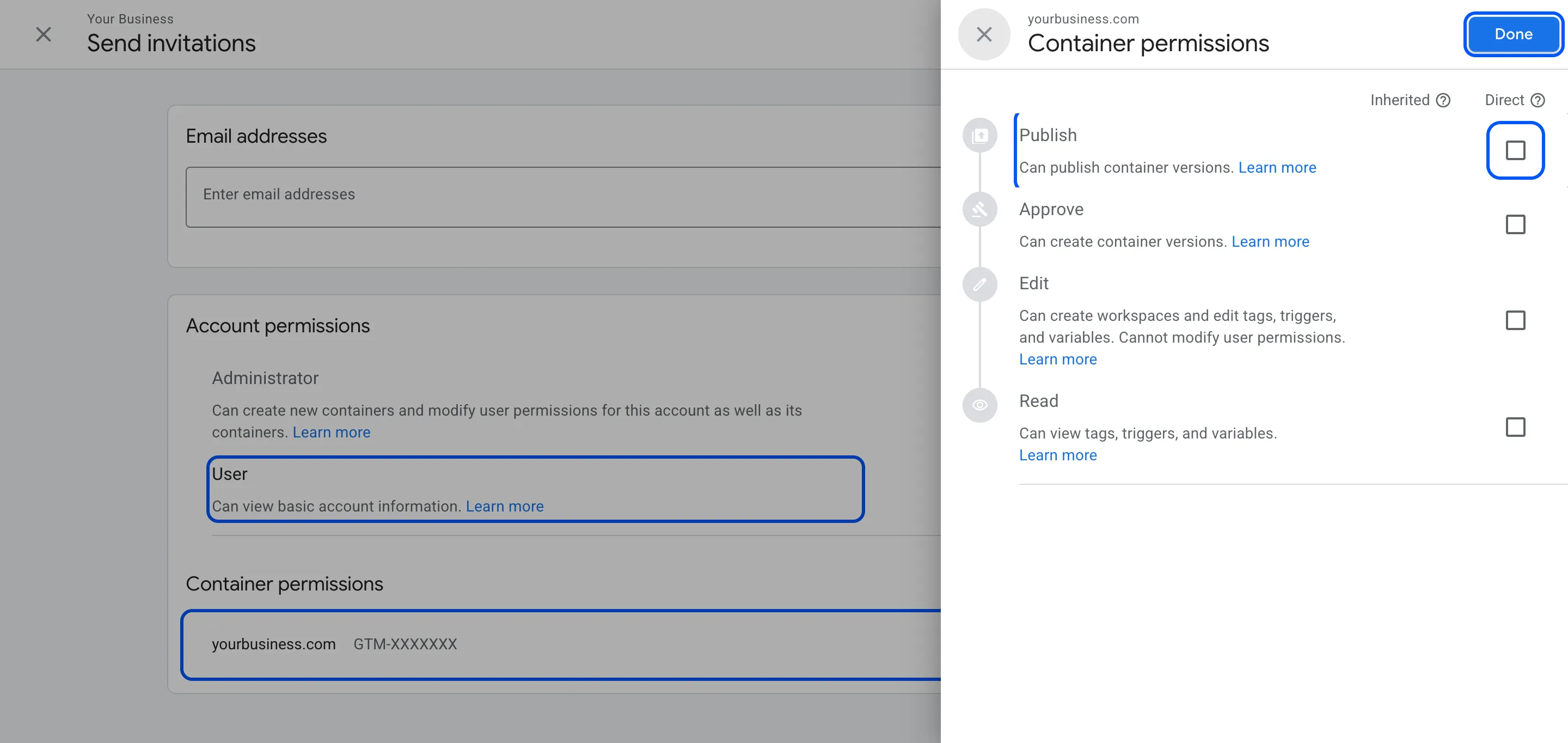 Container permissions panel with Publish and Done highlighted