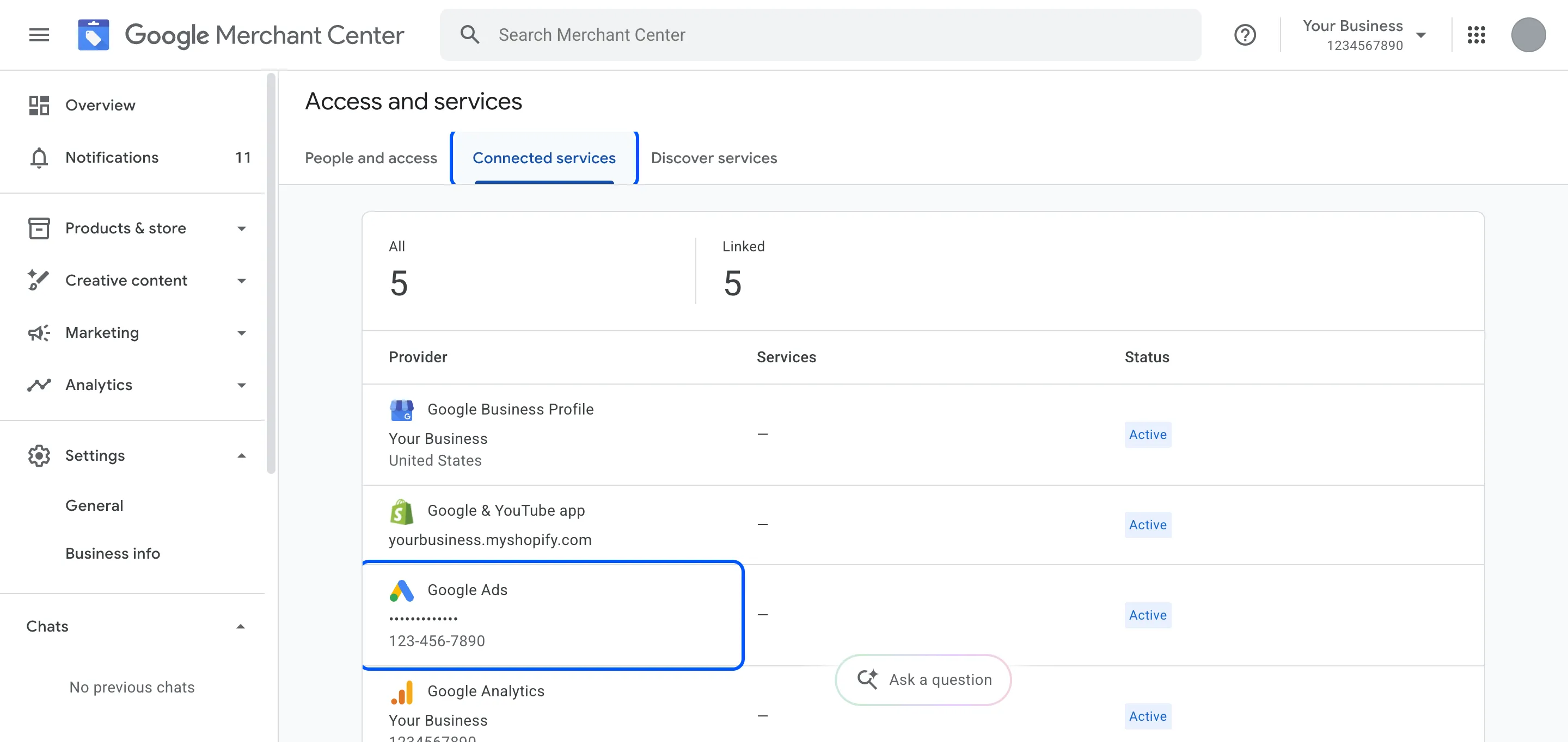 Connected services tab with the linked Google Ads account highlighted