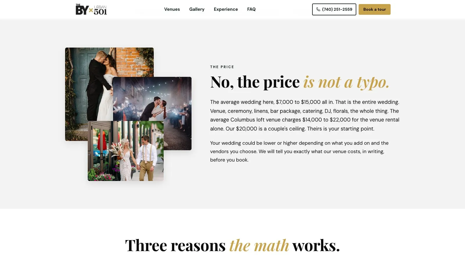 The pricing section of the landing page: wedding photos next to the headline “No, the price is not a typo.”