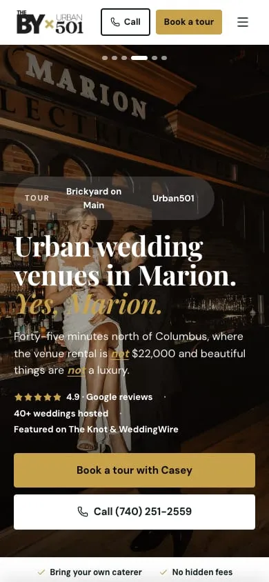 The landing page on a phone: the headline “Urban wedding venues in Marion. Yes, Marion.” with buttons to book a tour or call
