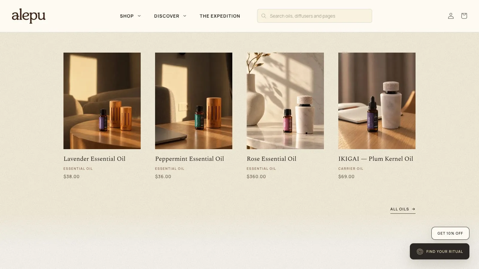 Alepu’s oil collection: four oils photographed with the diffusers in home settings